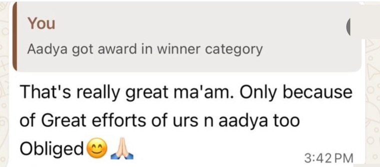 Parent message after Aadya won in the winner category