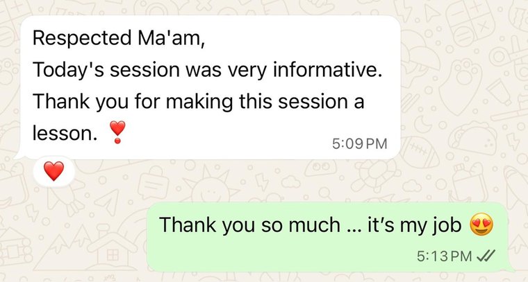 Student thank-you message after a class